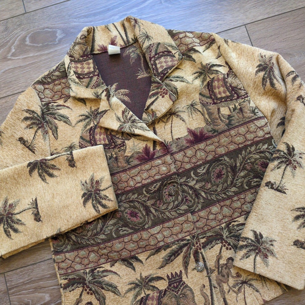 Vintage Tropical Tapestry Blazer Jacket Tan Elephant Safari Boho USA Made Small